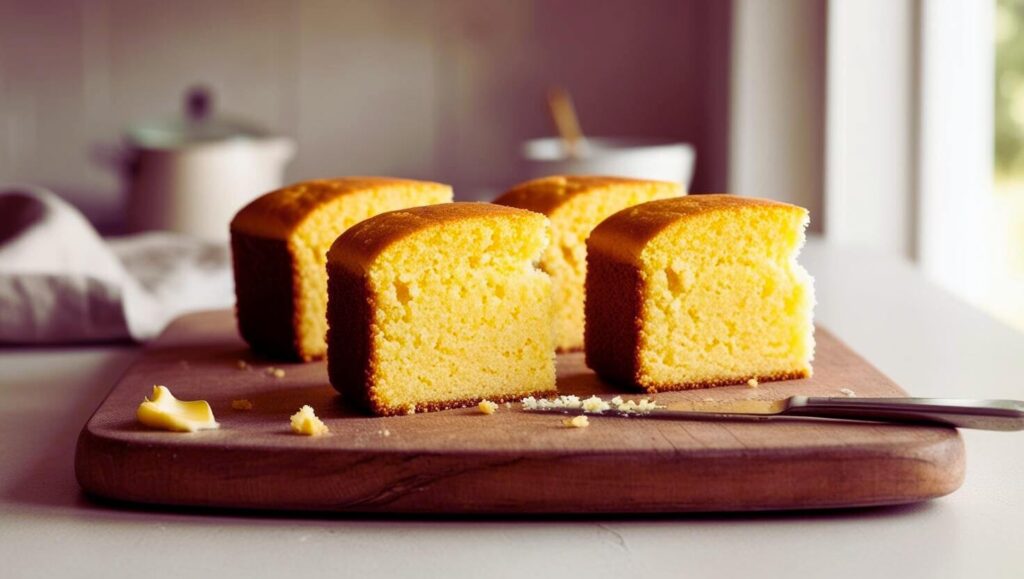 Close-up of crumbly and moist Southern cornbread slices