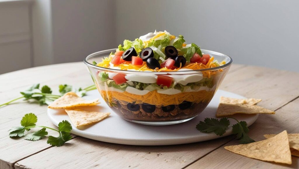 Layered taco dip in a clear dish with tortilla chips and fresh vegetables.