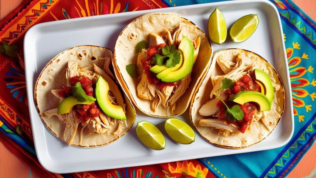 Rotisserie chicken tacos with fresh salsa and avocado