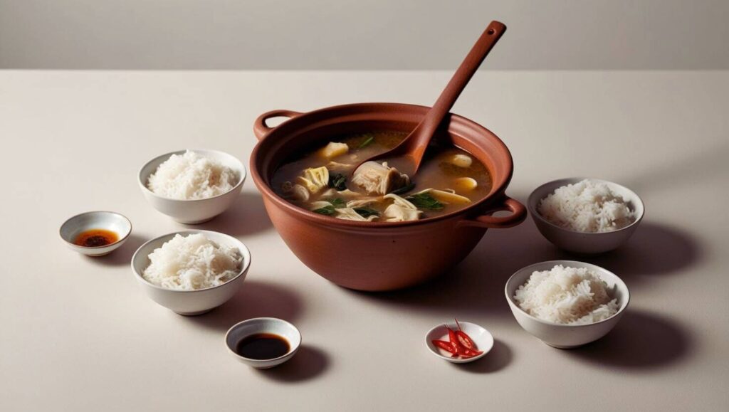 Family-style sinigang soup served with rice and condiments