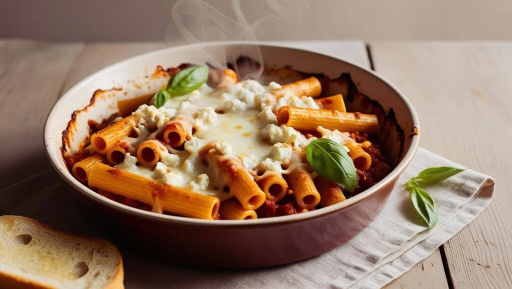 Baked ziti with cottage cheese garnished with fresh basil.