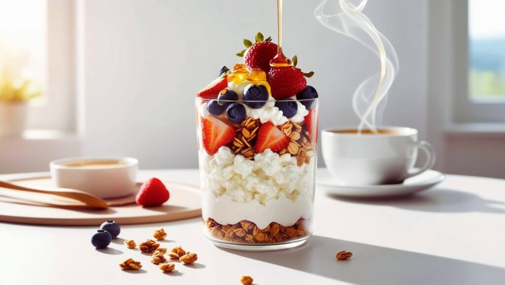 Cottage cheese parfait with granola, berries, and honey.