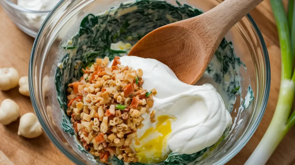 Mixing ingredients for Knorr Spinach Dip with fresh vegetables on the side