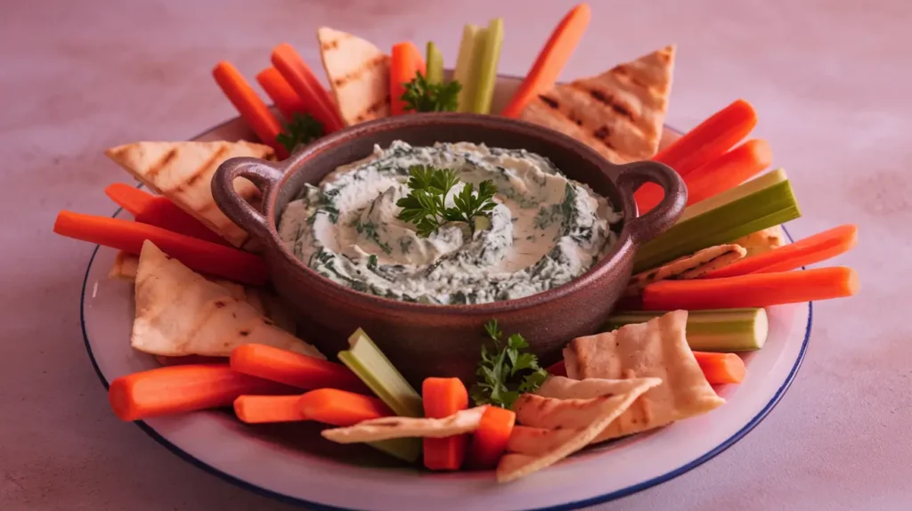 Knorr Spinach Dip plated with vegetable sticks and pita chips