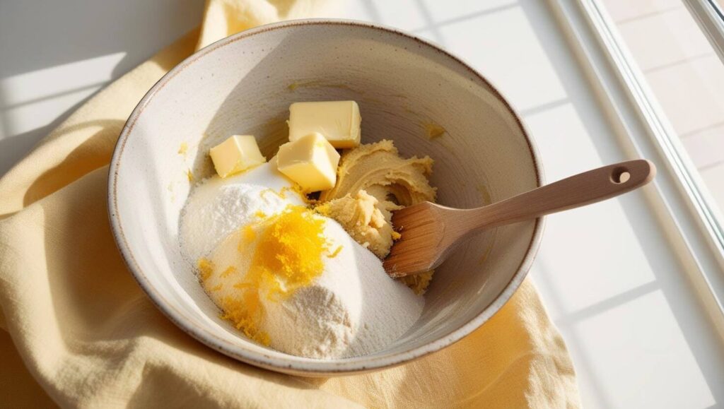 Mixing lemon cookie dough with fresh ingredients.