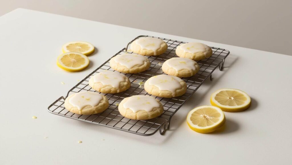 Lemon cookies cooling on a wire rack with glaze.