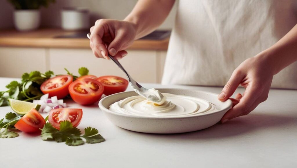 Close-up of hands assembling a taco dip in a round dish