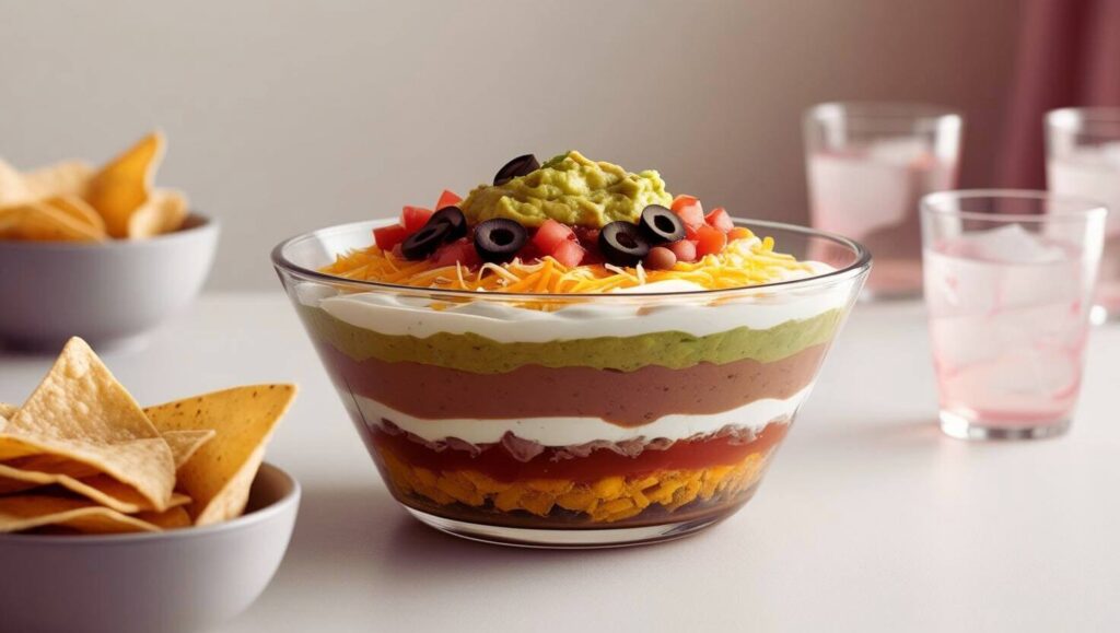 Seven-layer taco dip in a glass dish served in a festive setting.