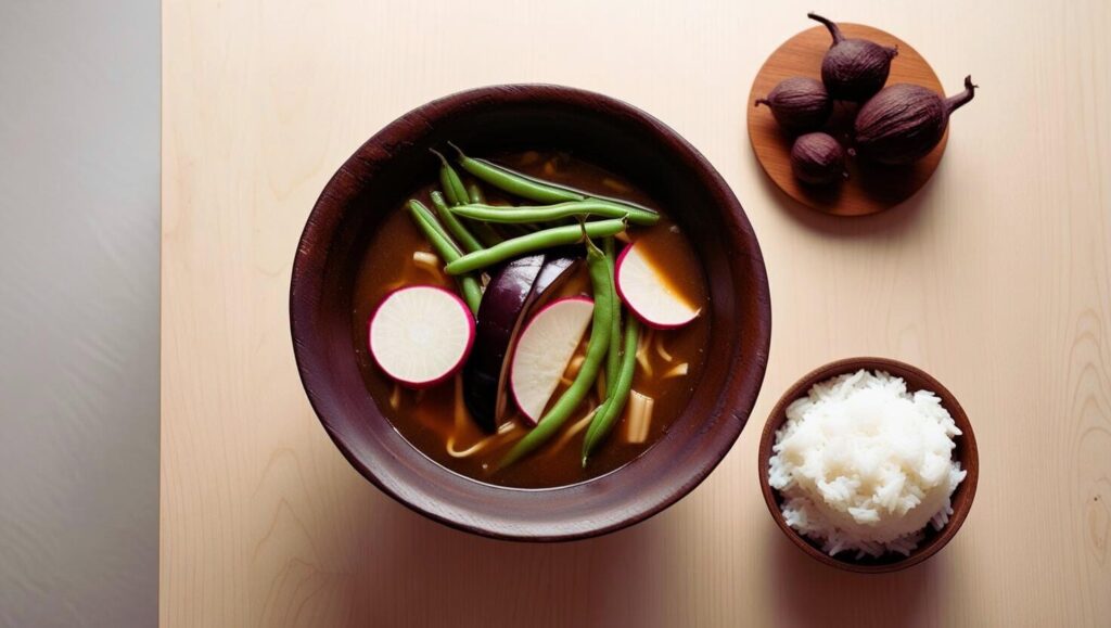 Steaming bowl of sinigang soup with vegetables and rice