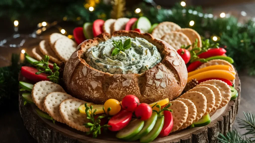 Knorr Spinach Dip served in a bread bowl with vegetables and crackers