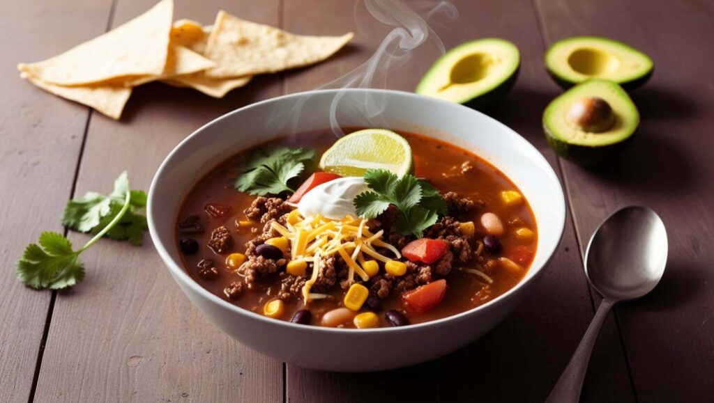 Bowl of taco soup garnished with fresh toppings.