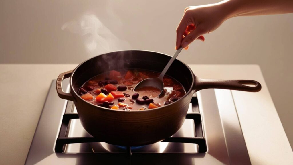 Taco soup being stirred in a pot during preparation