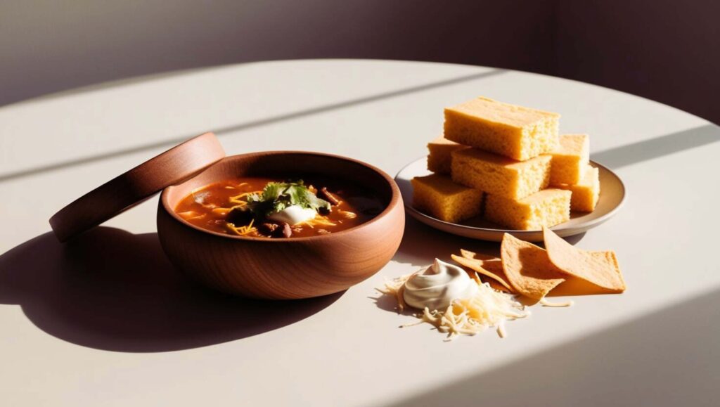 Taco soup served with cornbread and toppings.