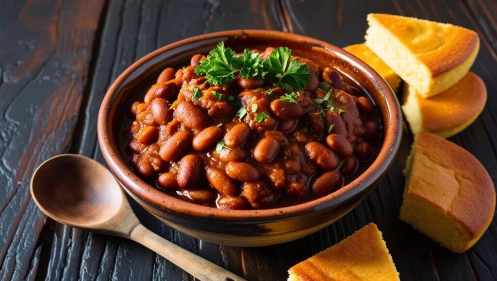 Bowl of baked beans garnished with parsley, served with cornbread.