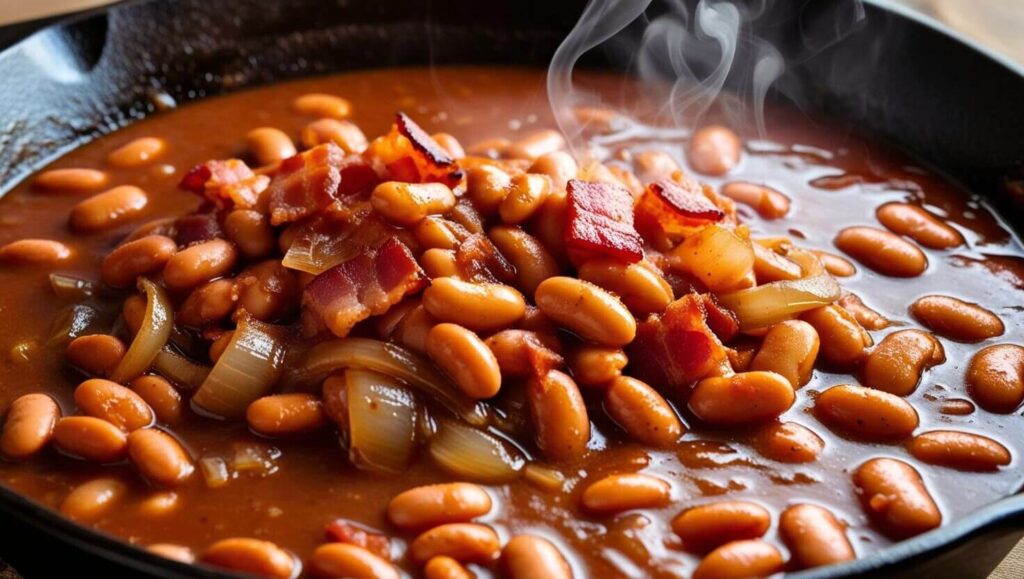 Baked beans simmering in a skillet with onions and bacon.