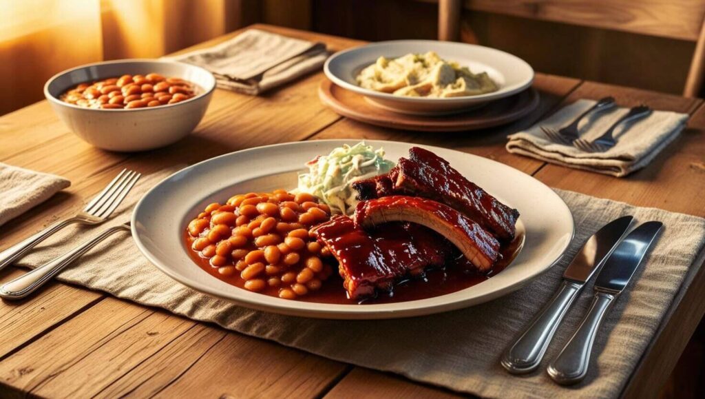 Dinner table featuring baked beans, BBQ ribs, and coleslaw.