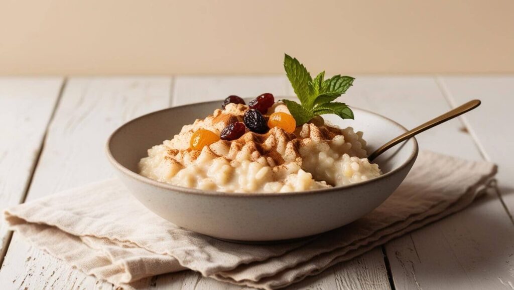 Creamy rice pudding with cinnamon and raisins on a rustic table.