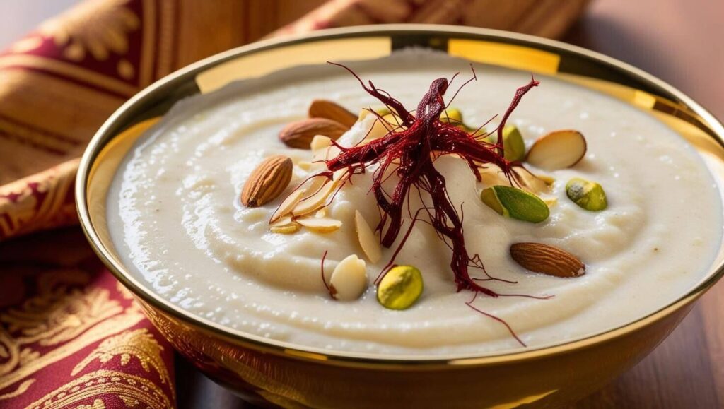 Indian kheer in a golden bowl garnished with saffron and nuts.