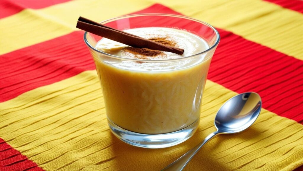 Chilled arroz con leche in a glass topped with cinnamon.