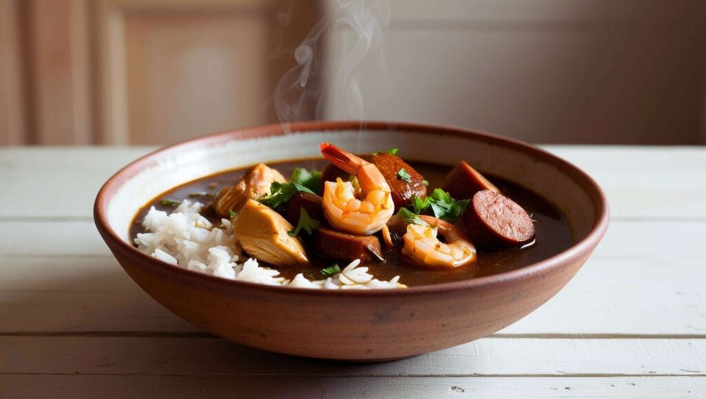 Steaming bowl of Louisiana gumbo with rice, chicken, sausage, and shrimp.