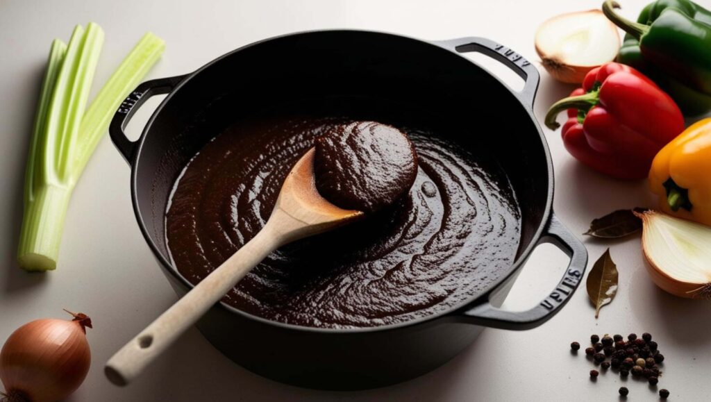  Dark brown roux being stirred with a wooden spoon in a pot.