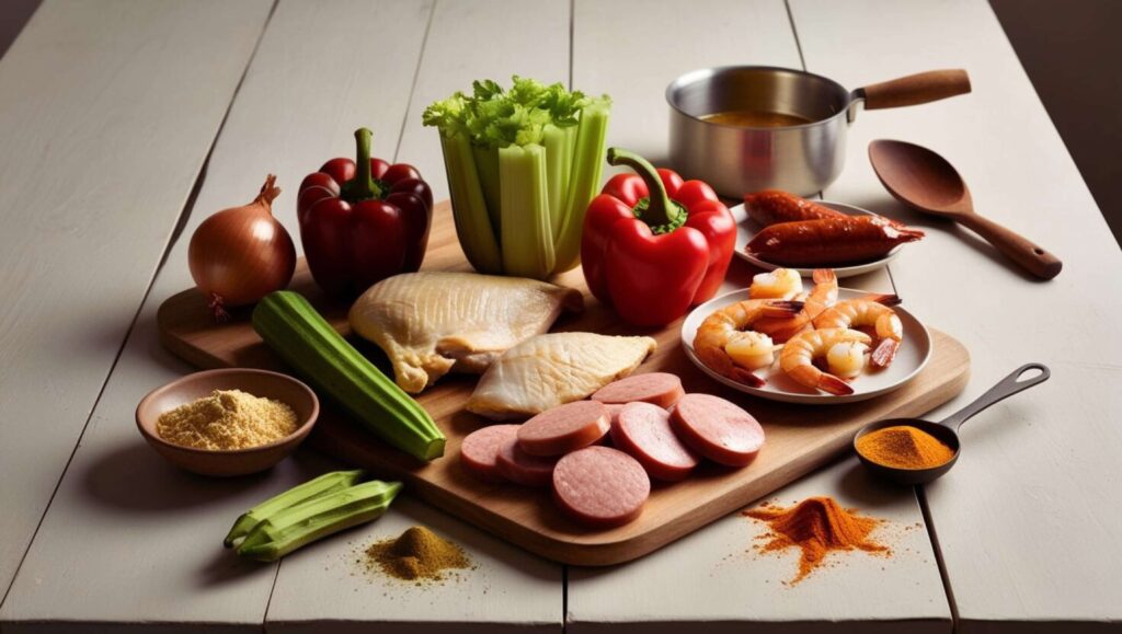 Fresh gumbo ingredients including vegetables, proteins, and spices.