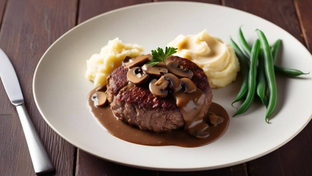 Salisbury steak with mushroom gravy and mashed potatoes.