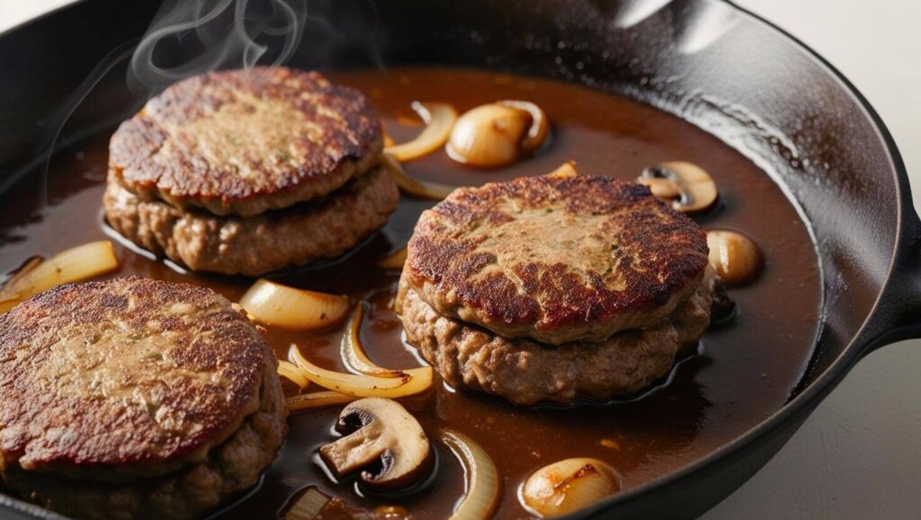 Salisbury steak patties cooking in onion and mushroom gravy.