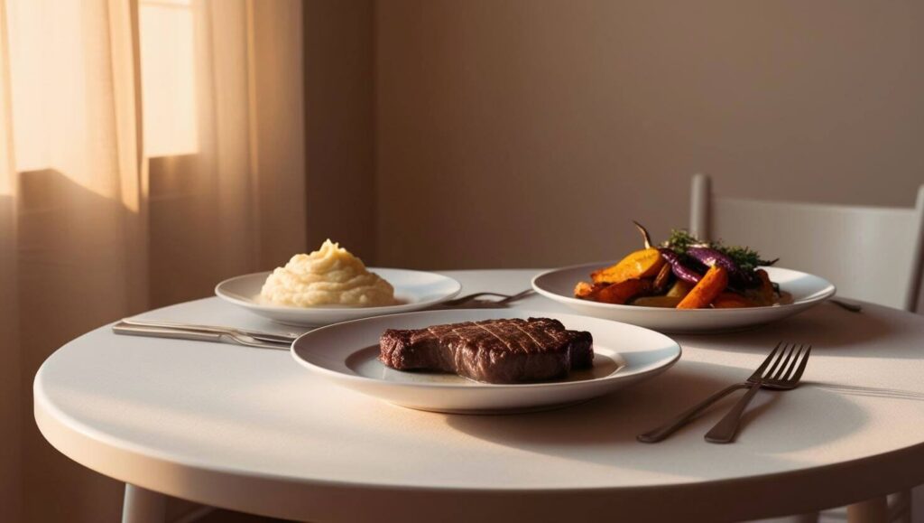 Dinner table with Salisbury steak and sides.