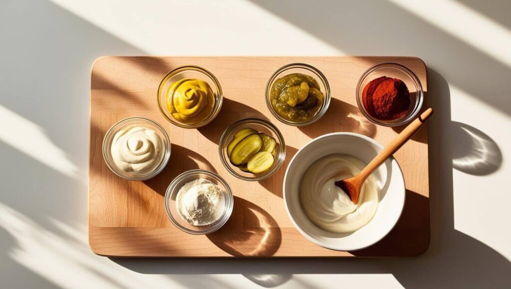 Big Mac Sauce ingredients in small glass bowls on a wooden cutting board.