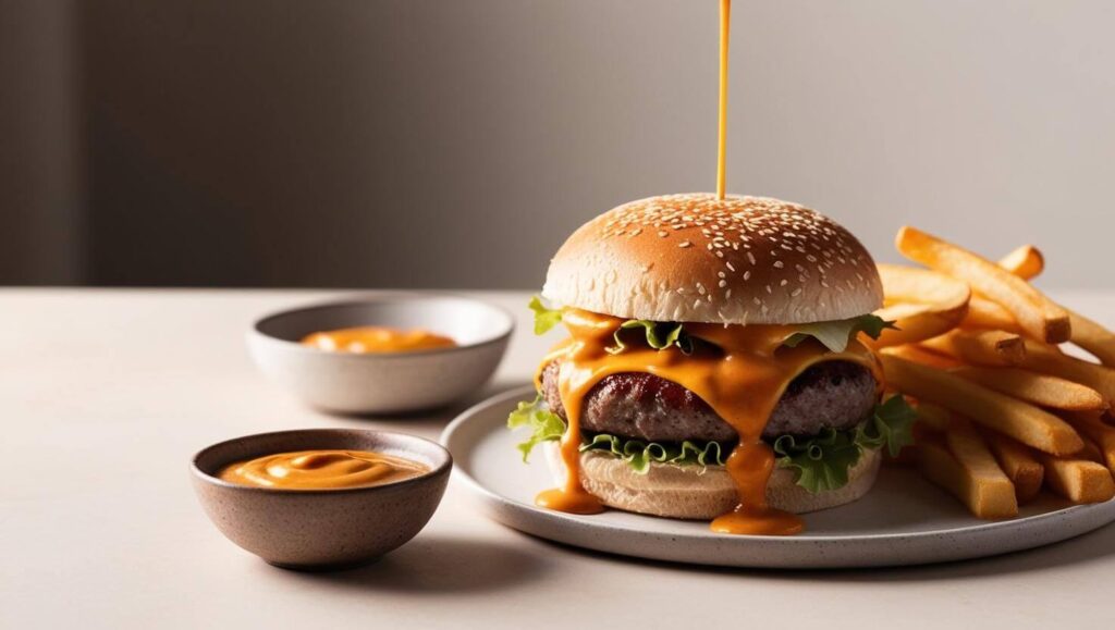 Homemade burger with Big Mac Sauce and fries on a plate.