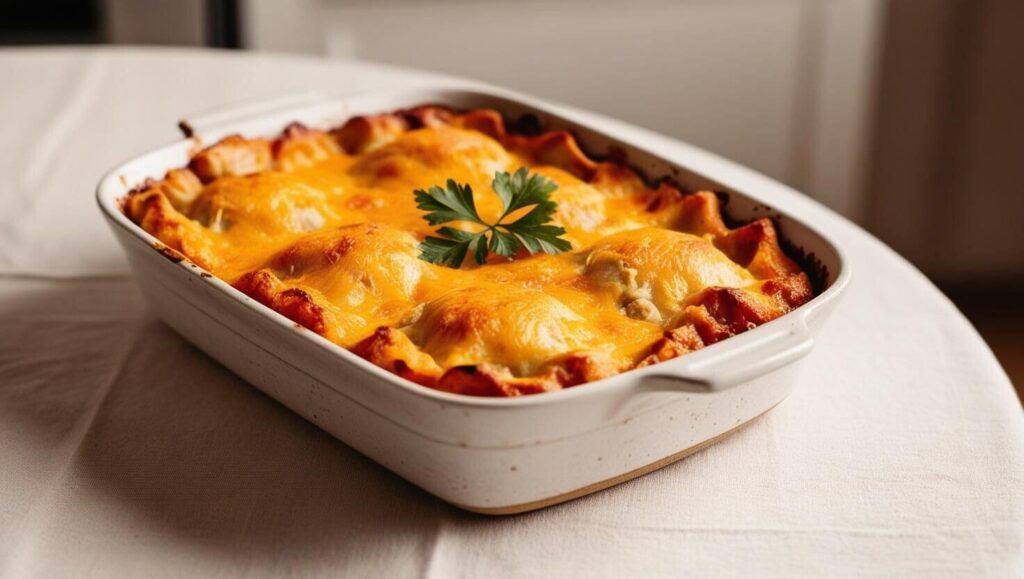 Golden, cheesy chicken casserole fresh from the oven