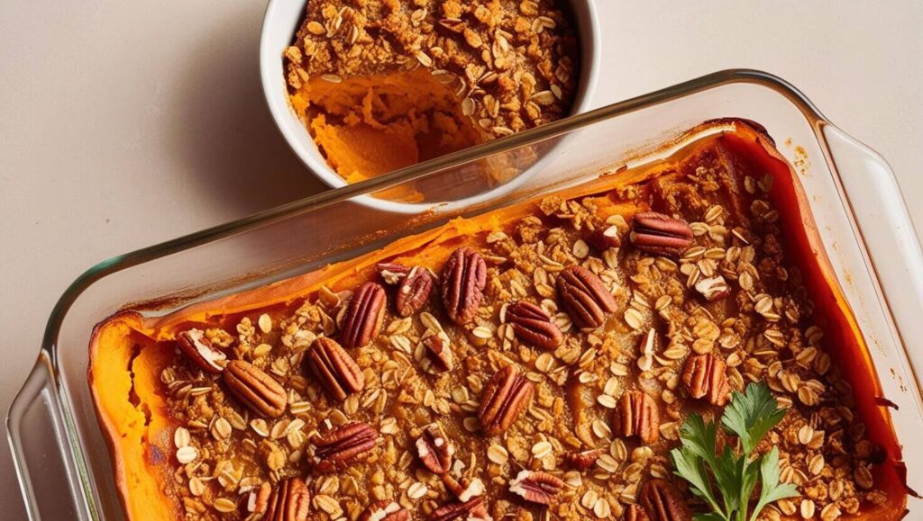 Vegan sweet potato casserole with oat and pecan topping