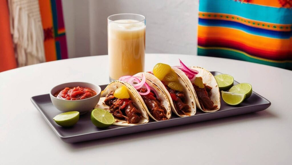 Birria tacos with traditional Mexican side dishes