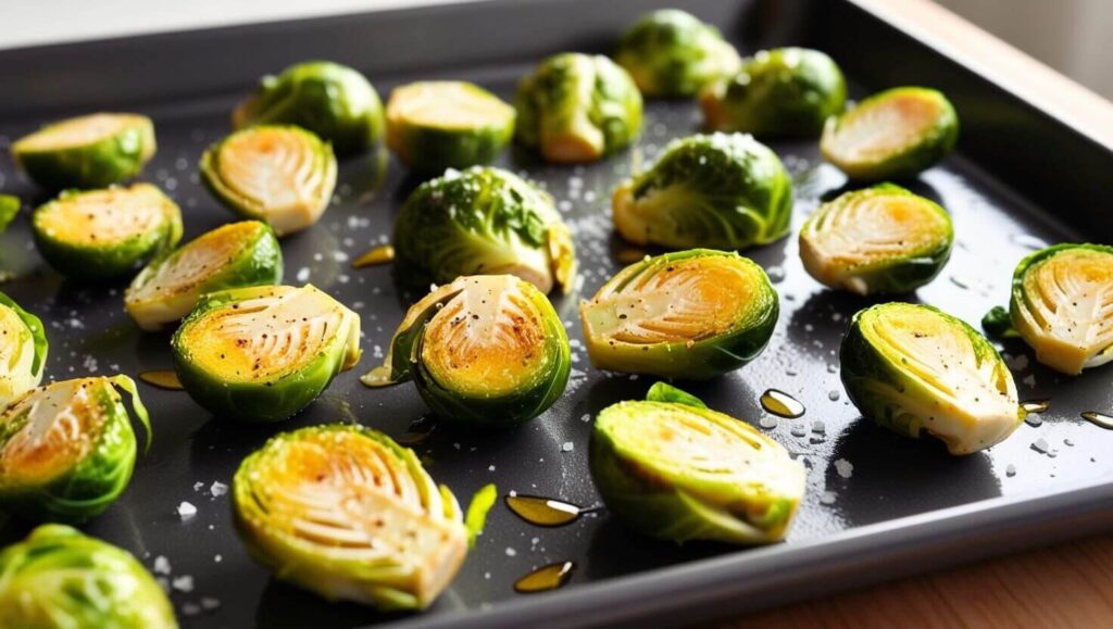 Brussel sprouts seasoned on a baking sheet before roasting