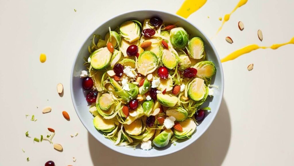 Fresh shaved brussel sprouts salad with cranberries and feta