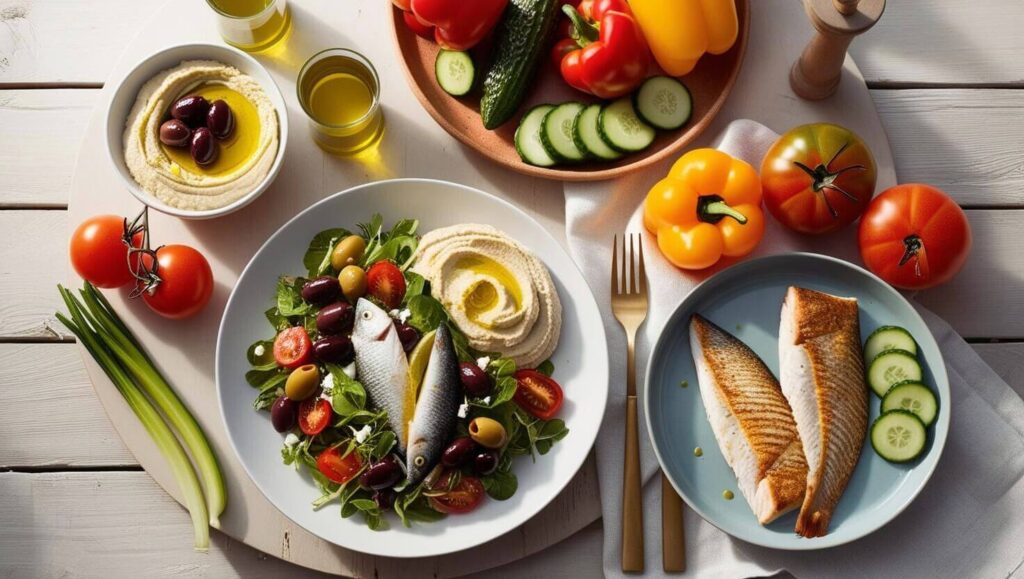 Colorful Mediterranean spread with Greek salad, hummus, and olives