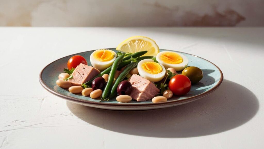 Nicoise salad with tuna, olives, eggs, and fresh vegetables