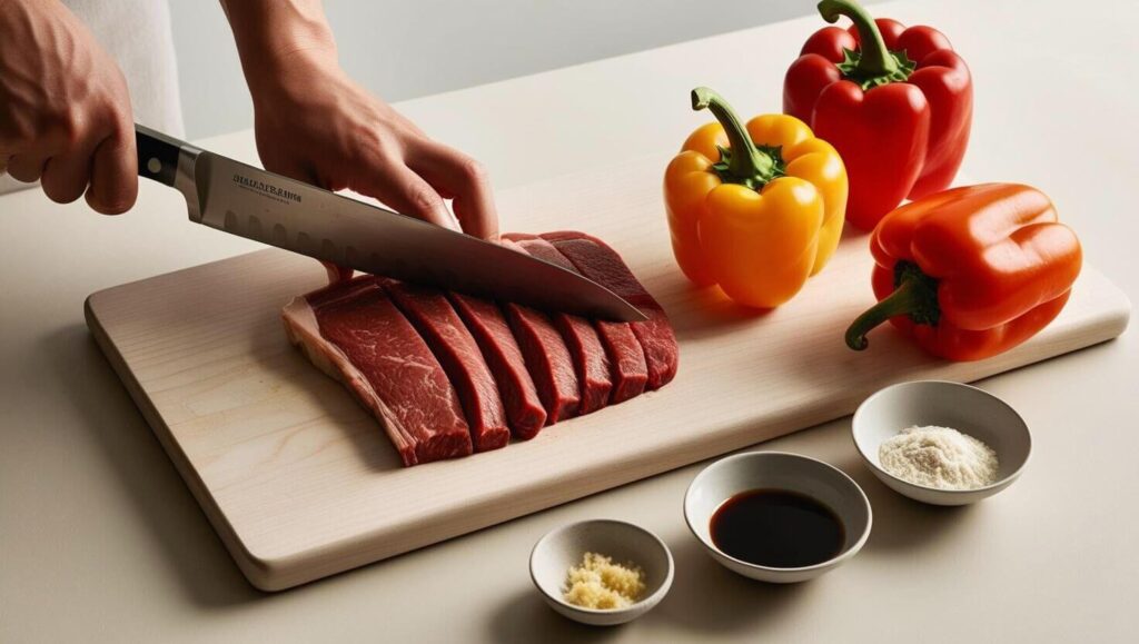 Sliced flank steak and bell peppers on a cutting board for pepper steak preparation.