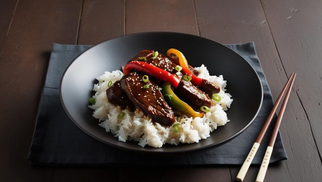 A plated pepper steak dish served over rice, garnished with sesame seeds and green onions.