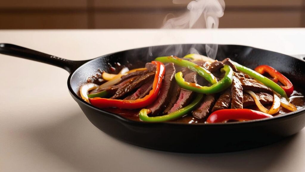 uicy pepper steak stir-fry in a skillet with bell peppers and onions.